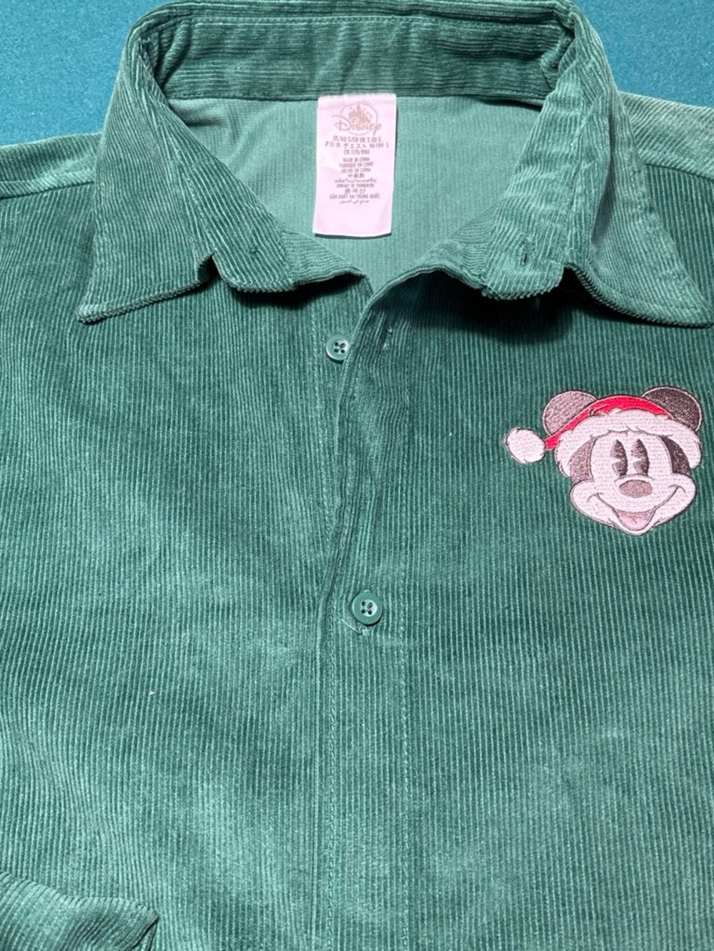Disney Green Corduroy Button-Down Shirt with Mickey Holiday Patch , S , $27